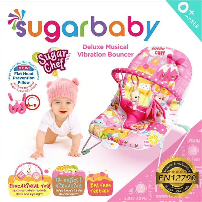 Sugar Baby Deluxe Musical Vibration Bouncer 1 Recline Sugar Chef Pink Merah Muda Bouncer Bayi