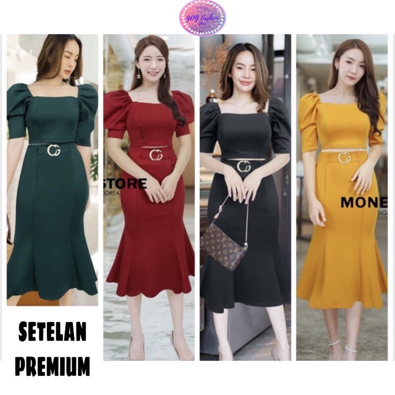 Setelan Murah Baju Crop Top Lengan Balon Pendek Set Rok Mermaid Wanita Scuba Premium Prempuan G2484