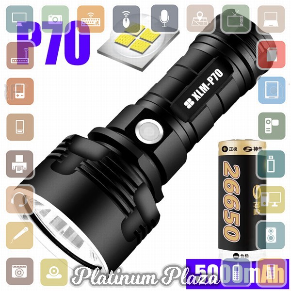 SHENYU Senter LED USB Rechargeable P70 XHP50 50W 1000 Lumens with 26650 Battery - XLMP`3B0IP9- Black