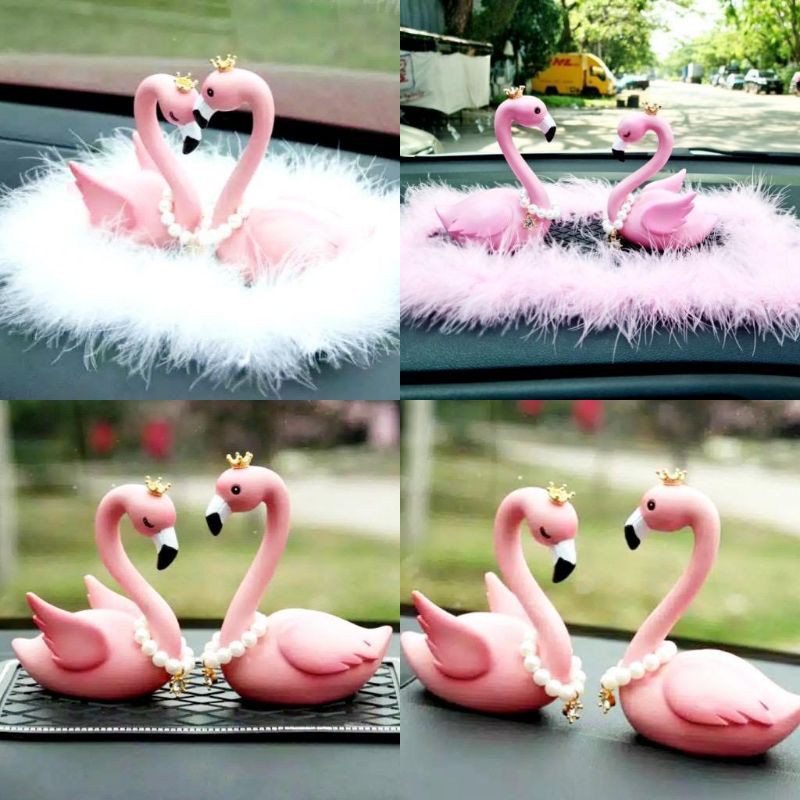 1 Set Pajangan Dashboard Mobil Flamingo/angsa Couple Crown Bahan Premium