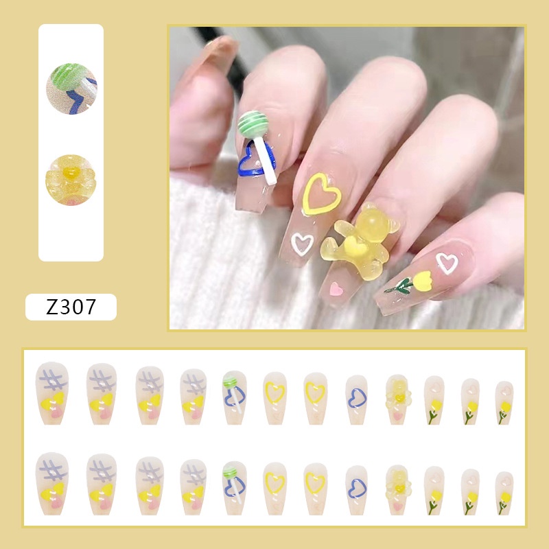 24pcs / Kotak Kuku Palsu Desain Beruang Lollipop Bunga Kecil Warna Kuning Untuk Dekorasi Nail Art