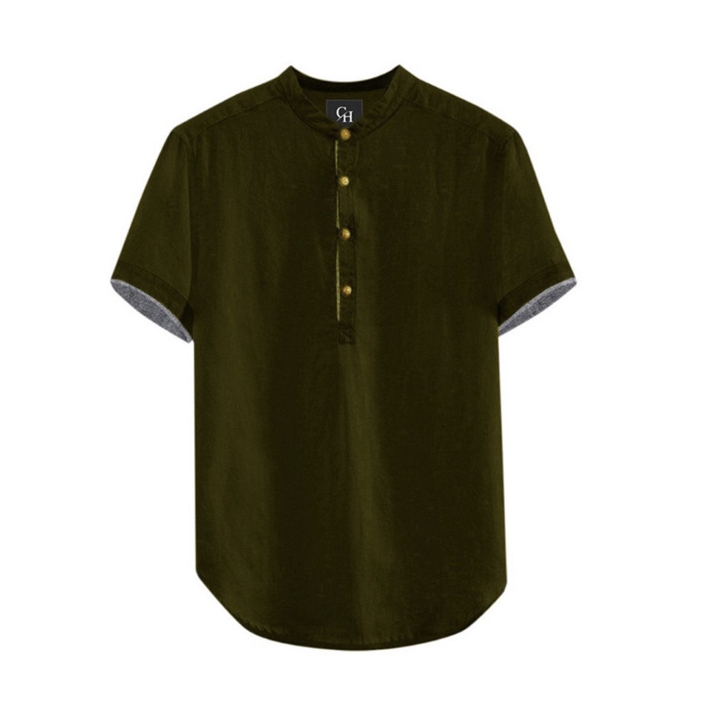 Baju Koko HANAFI Lengan Pendek Pria Warna Hijau Army Polos