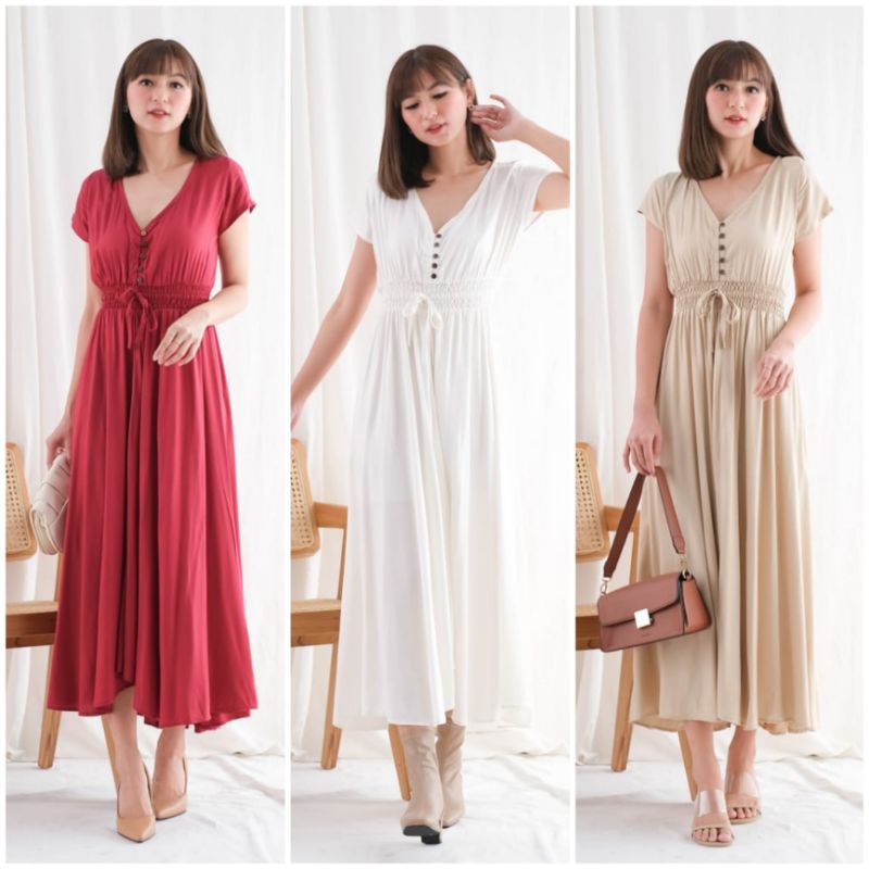 ⚡️CLEARANCE SALE ♡ PREMIUM ♡ ORIGINAL ! YULISA VINTAGE V-NECK BUTTON ASYMMETRIC RAMPLE MAXI DRESS ( BUSUI FRIENDLY )