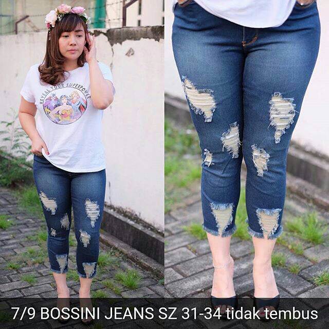 CELANA RIPPED JEANS BIGSIZE WANITA MURAH 7/9 BOSSINI BIG JEANS