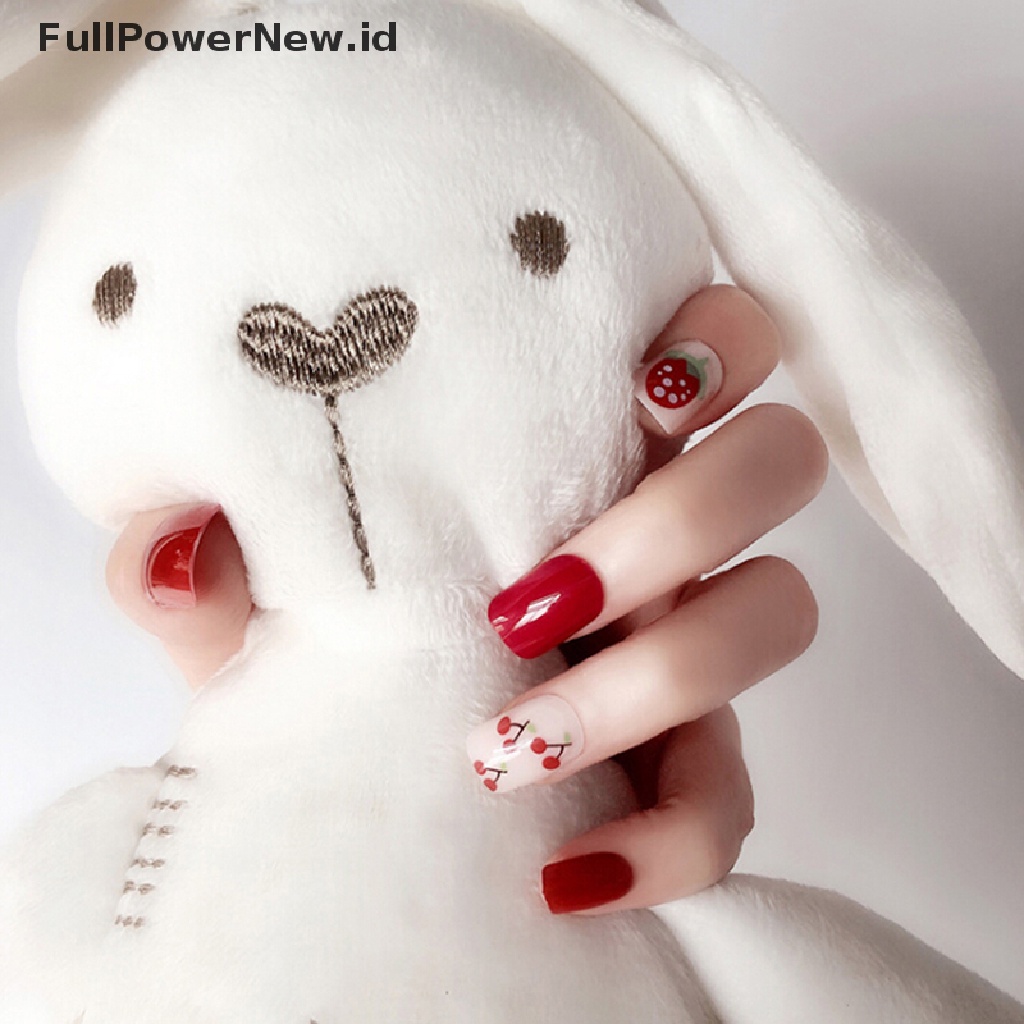 24 Pcs Kuku Palsu Full Cover Motif Strawberry Cherry Untuk Dekorasi Manicure