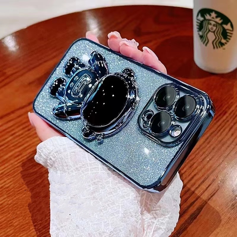 Case Stand Electroplating Glitter Astronot Dengan Lensa Film Anti Gores Untuk iPhone 14 Plus 14 Pro max 13 Pro max 12 Pro max 11 Pro max