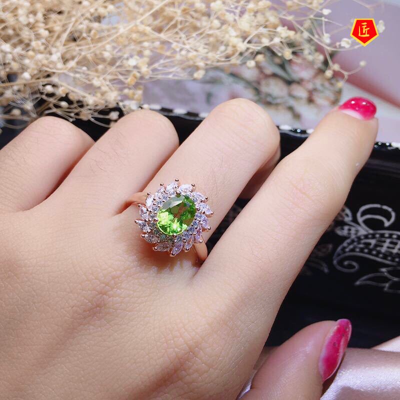 [Ready Stock]Olivine Colored Gems Pendant Full-Jeweled Stud Earrings Open Ring Set