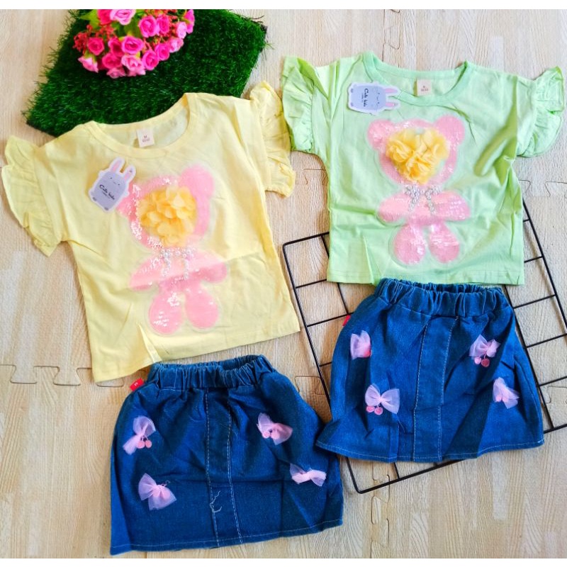 SETELAN ROK JEANS ANAK CEWEK IMPORT 1-5 TAHUN BEAR/ SETELAN ROK JEANS PENDEK ANAK PEREMPUAN IMPORT PREMIUM PERGI JALAN LUCU