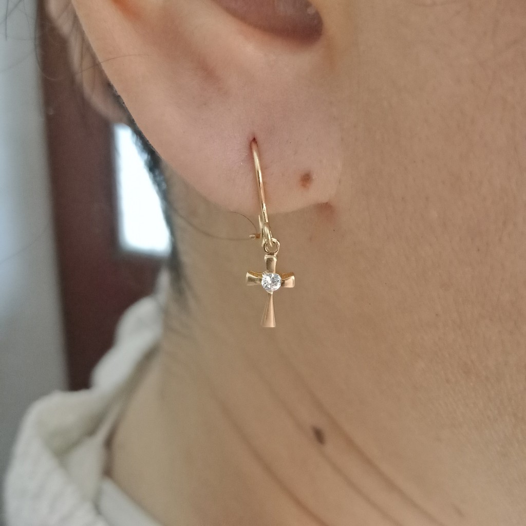 Anting salib permata putih anak dan dewasa emas asli kadar 70% 700 16k 22 gold gantung