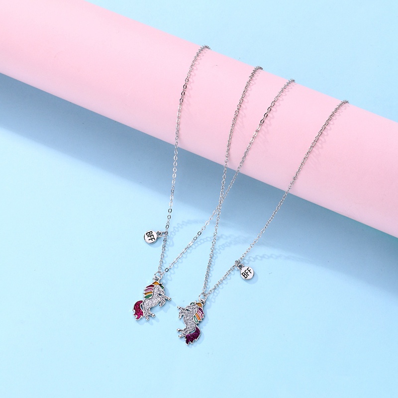 2pcs / Set Kalung Rantai Dengan Liontin Kartun Unicorn Untuk Anak Perempuan