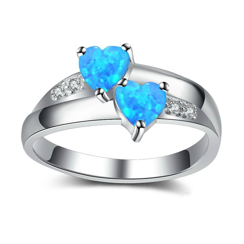 New style ring diamond blue double heart opal ladies ring