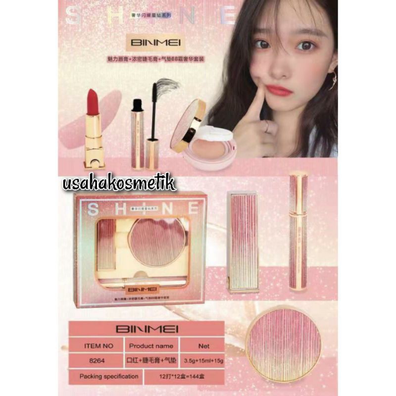 PROMO PAKET MAKE UP BINMEI 3IN1 SET SHINE/make up cushion+lipstik+mascara NO.8264 | 8277