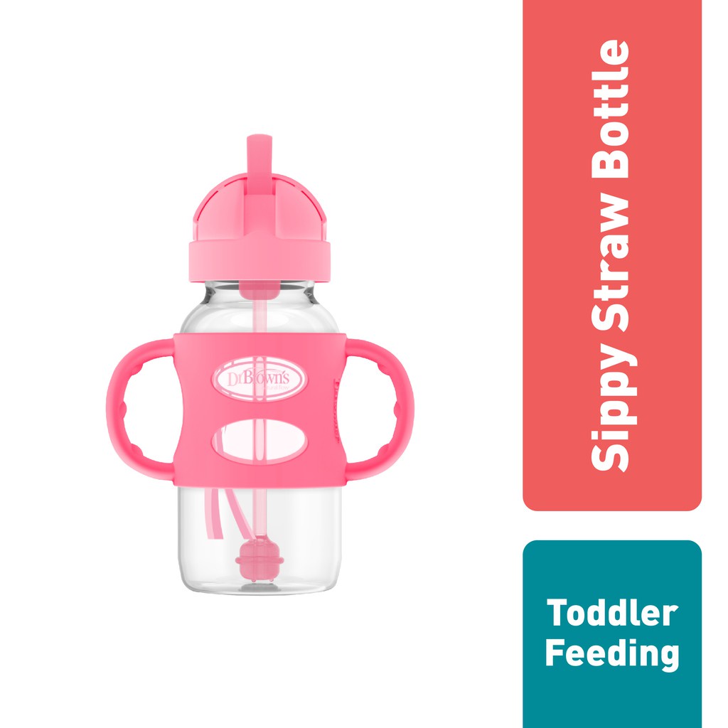 Dr. Brown's Sippy Straw Bottle with Silicone Handles Pink 9oz / 270ml Botol Minum Anak