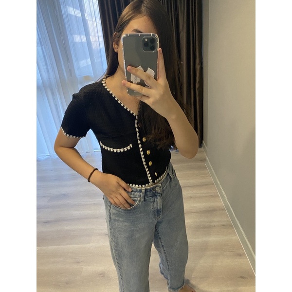 Crop Top Cardigan Chanel Lookalike Atasan Wanita