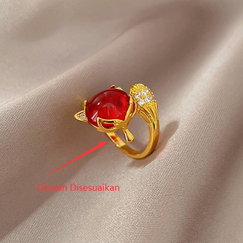 Cincin Titanium (Terbuka) Rubah Kristal Keberuntungan Lapis Emas 18K Cantik Perhiasan Wanita Korea