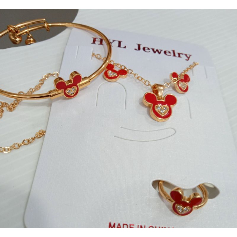 Set perhiasan anak Mickey mouse merah berlapis emas dengan mata zircon.