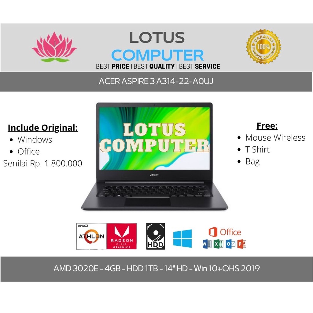ACER Aspire 3 A314-22-A0UJ/AMD 3020E/4GB/1TB/14"HD/Win 10/Black