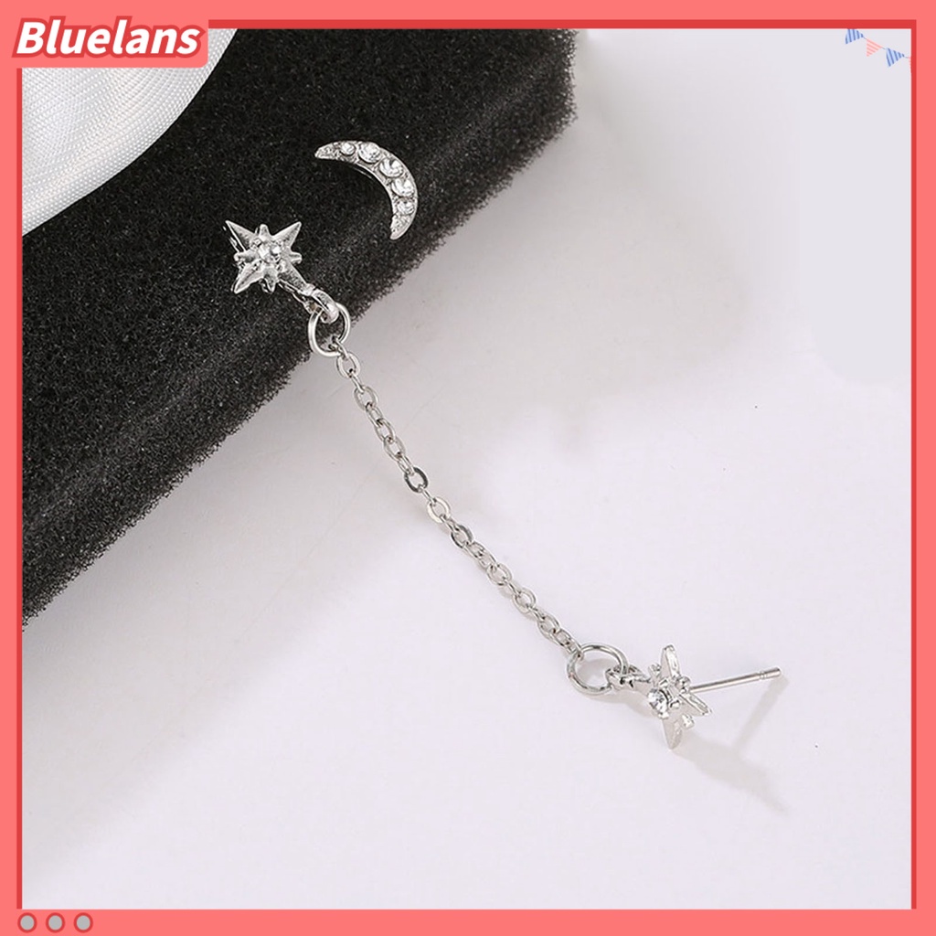 Bluelans 2Pcs Earring Vintage Moon Star Chain Rhinestone Alloy Unique Ear Stud for Women