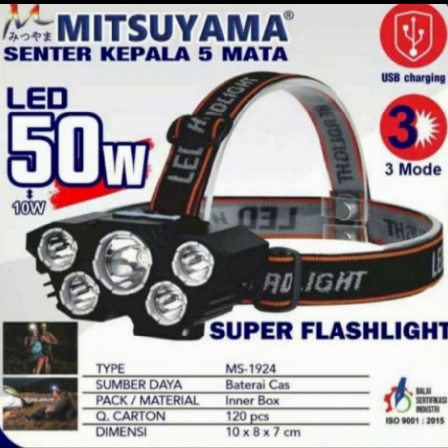 MITSUYAMA MS 1924 SENTER KEPALA LED CHARGE 50W 1200mAh CAHAYA PUTIH