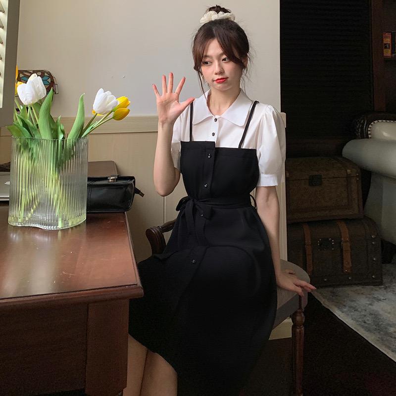 [littlecrab] Dress Oversize Kasual Fake 2 Set Fake Collar Berkualitas Dress Kemeja Berkerah Hitam Putih Dress Panjang Lengan Pendek Simple Elegan High Quality Dress Korean Style