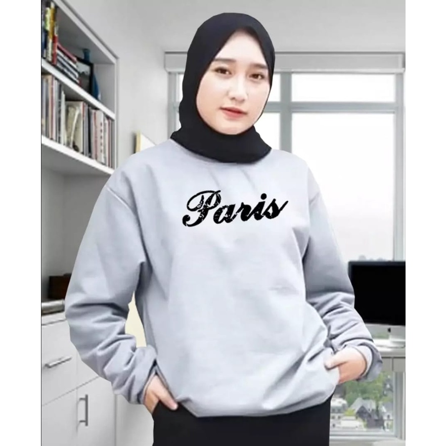 SWEATER WANITA PARIS TEXT /// ATASAN WANITA FLEECE TEBAL KEKINIAN TERBARU''