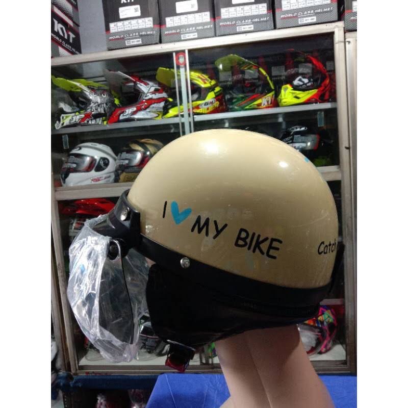 helm bogo chip retro klasik vespa I love my bike cream glossy kaca bogo flat lengkung