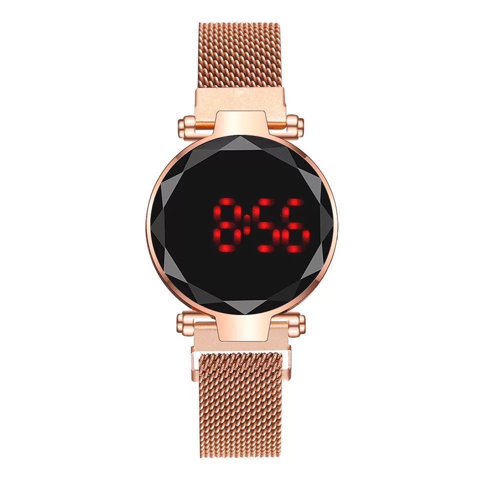 Jam Tangan Magnet LED Touch Screen Bulat Digital / Jam Tangan Wanita Korea Strap Magnet LED-36-7 RoseGold