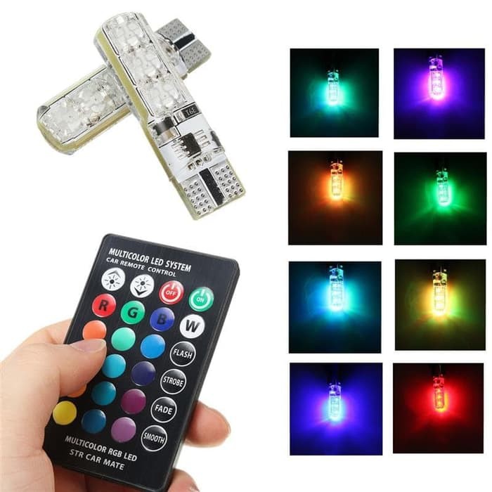 Lampu LED RGB Mobil T10 6 SMD 5050 2W 12V 2 PCS plus Remote Control