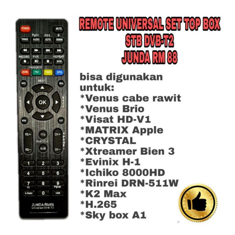 REMOTE UNIVERSAL SET TOP BOX STB DVB-T2 SKY BOX A-1 VENUS BRIO VENUS CABE RAWIT JUNDA RM88