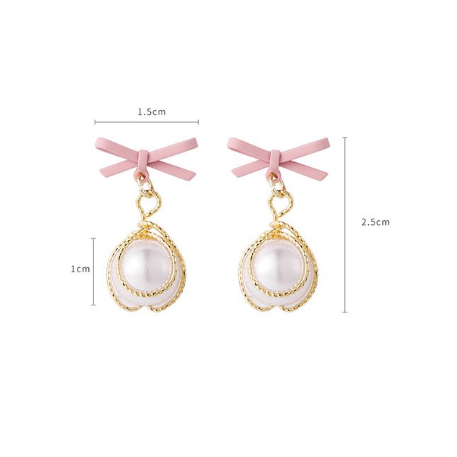 LRC Anting Tusuk Fashion Pink Silver Needle Bow Tie Pearl K16088