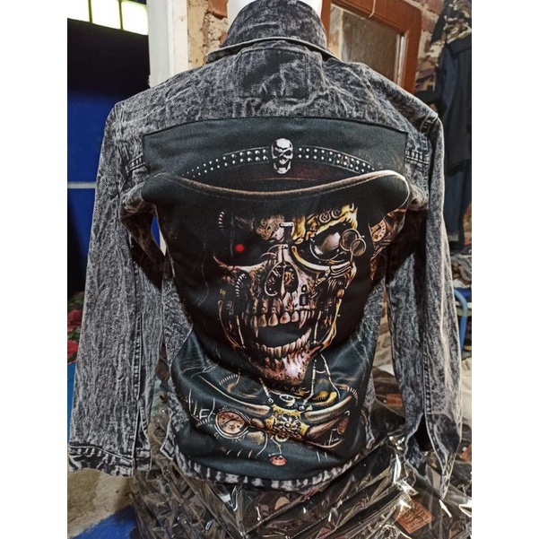 Jaket jeans terbaru Denim sandwash washing Pria Gambar belakang sablon printing