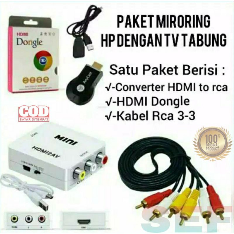 Paket Lengkap Layar HP Android ke TV TABUNG/LED/Monitor dengan Anycast Miracast /Hdmi Dongle pixel 1080P/ Mirroring dongle Anycast