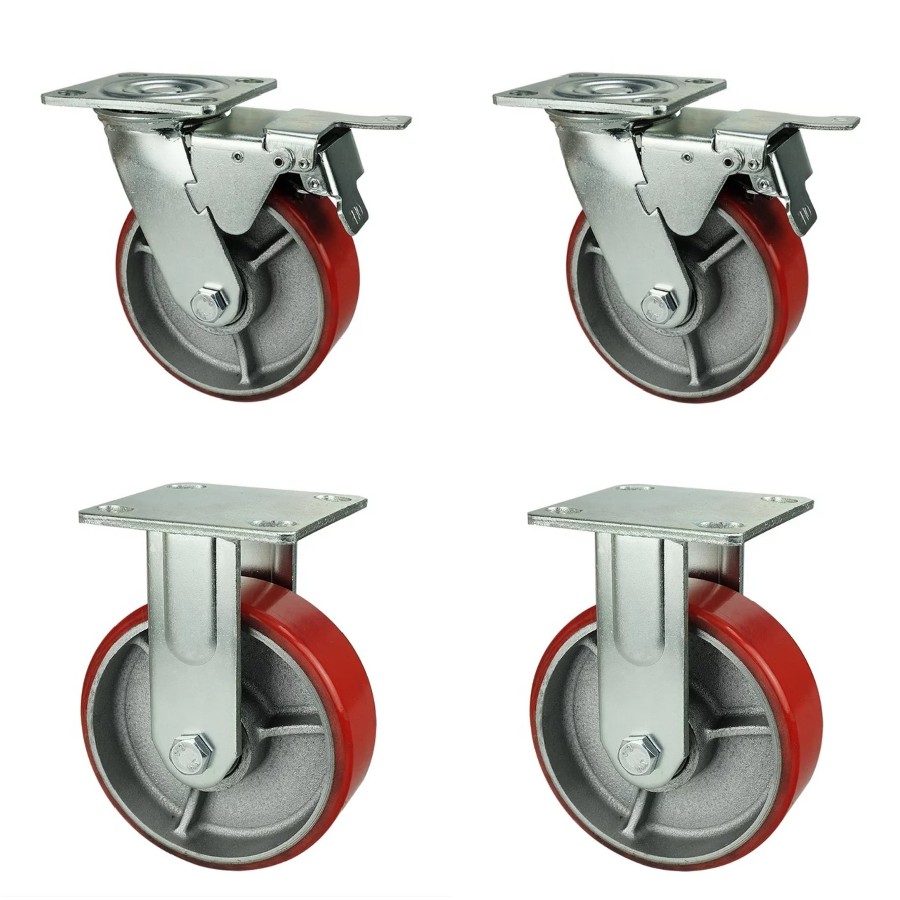 Roda Troli Troly PU Merah 8 Inch Taiwan Heavy Duty 2 Rem ( Swivel Brake ) + 2 Mati ( Fixed ) Taiwan