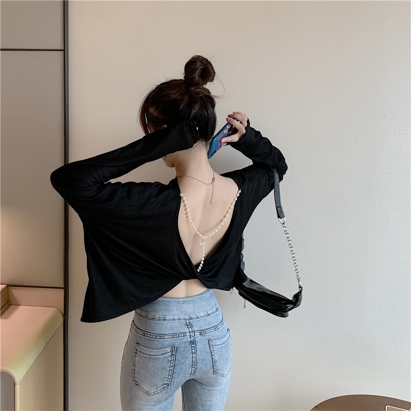 suhao Tipis Seksi Backless Mutiara Dekorasi Sun Perlindungan Kemeja Perempuan Musim Panas Rasa Baru