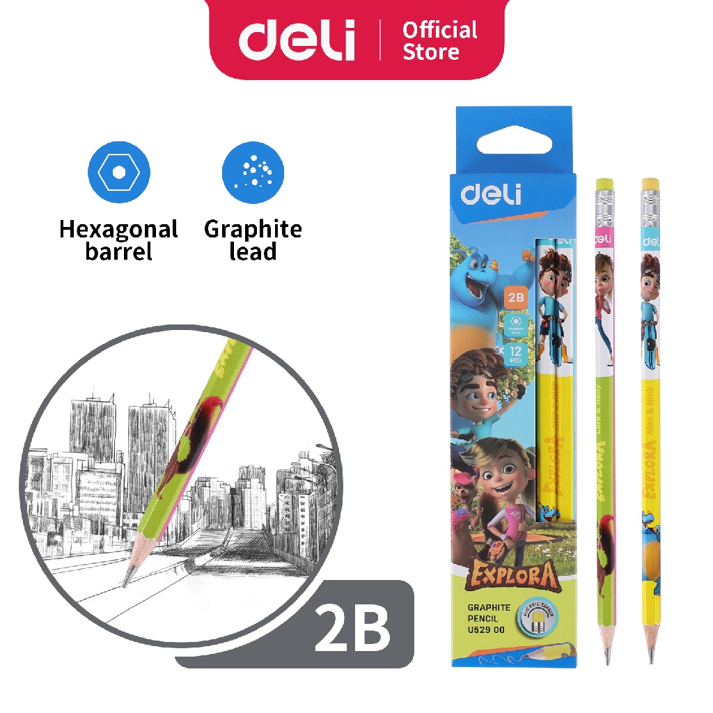 

DELI Pensil Grafit 2B dengan Penghapus Seri Explora kualitas tinggi mudah di raut 12 pcs/Box EU52900