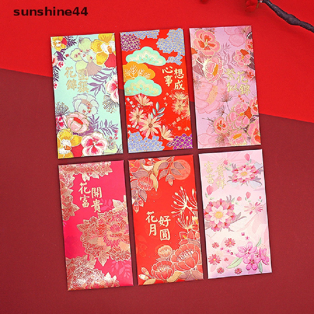 Sunshine 6Pcs 2023 Amplop Merah Motif Bunga Mekar Untuk Pernikahan / Festival