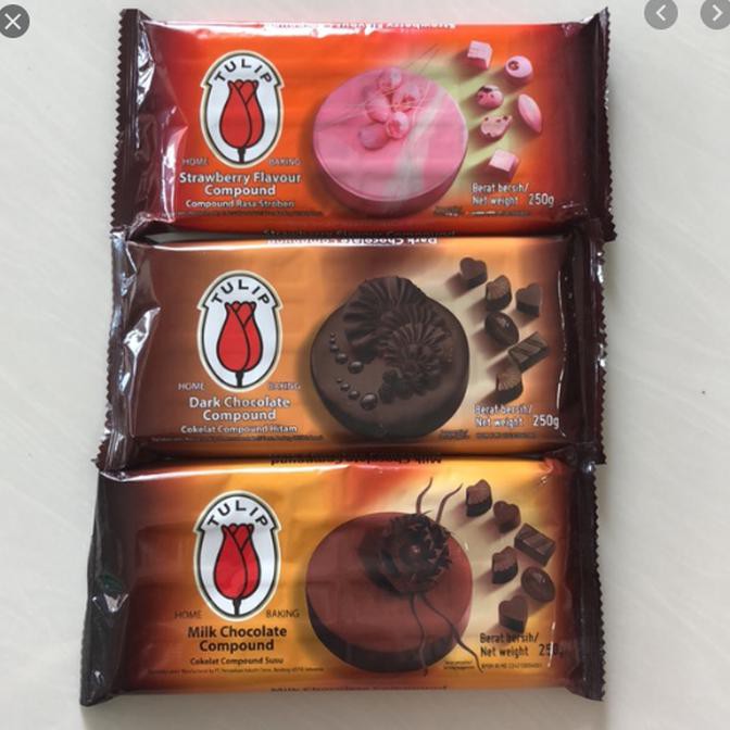 

Tulip Compound Chocolate 250gr Dark/Milk/White/Strawberry Tulip Coklat - Milk Chocolate BERMUTU Kode