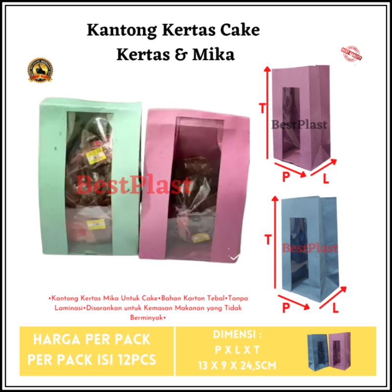 

kantong kertas plus mika jendela/kantong cake untuk makanan kering harga per lusin