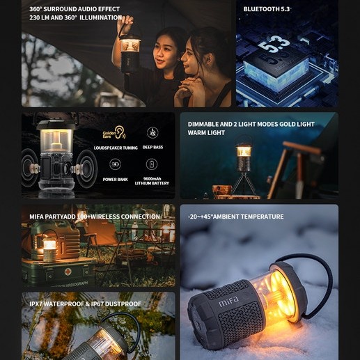 MiFa Wild Camping Bluetooth Speaker LED IPX7 Outdoor 360 Sound 9600mAh