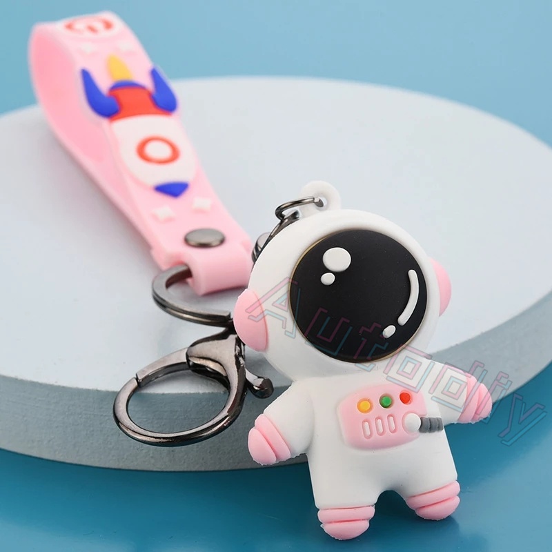 Kartun Luar Angkasa Astronot Roket Planet Gantungan Kunci Lucu 3D Spaceman Figure Lanyard Cosmonaut Keyrings Silicone Trinket Props Bag Doll Key