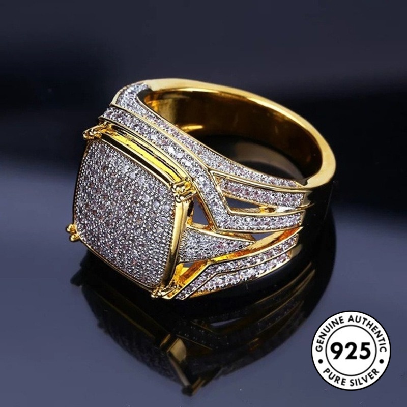 Cincin Lapis Silver S925 Bentuk Persegi Aksen Berlian Untuk Pria