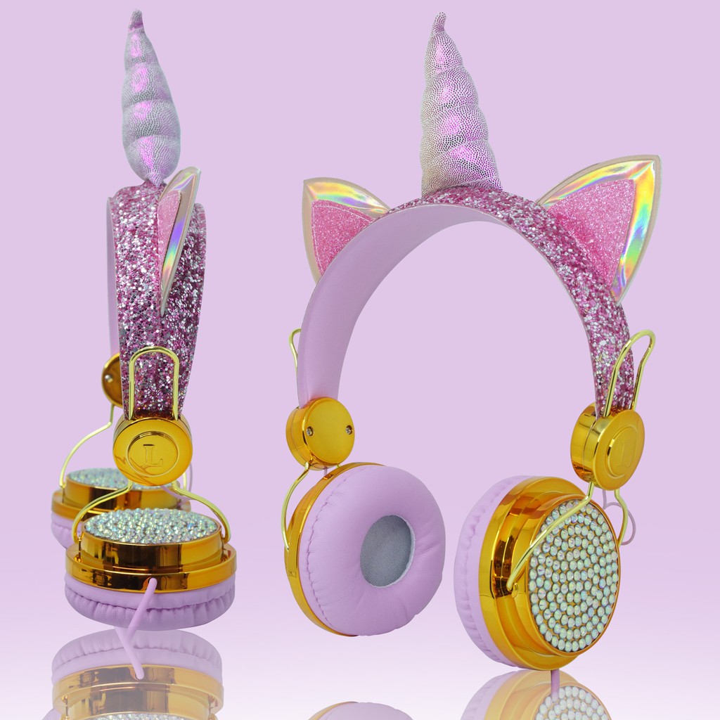 Headset/Headphone Bando Karakter Motif Unicorn Diamond Import Glitter Plus Mic