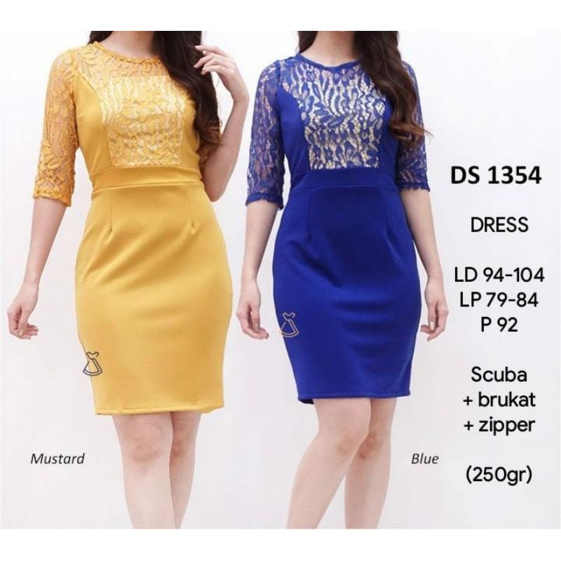 DS1354 BODYCON DRESS PESTA SCUBA BRUKAT BROKAT IMPORT PREMIUM MURAH GROSIR REALPIC