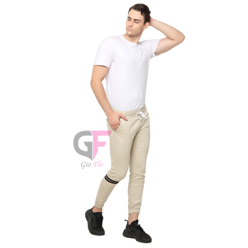 GIOFLO Celana Kekinian Pria Jogger Pants Strip Terbaru Krem / CLN 1179