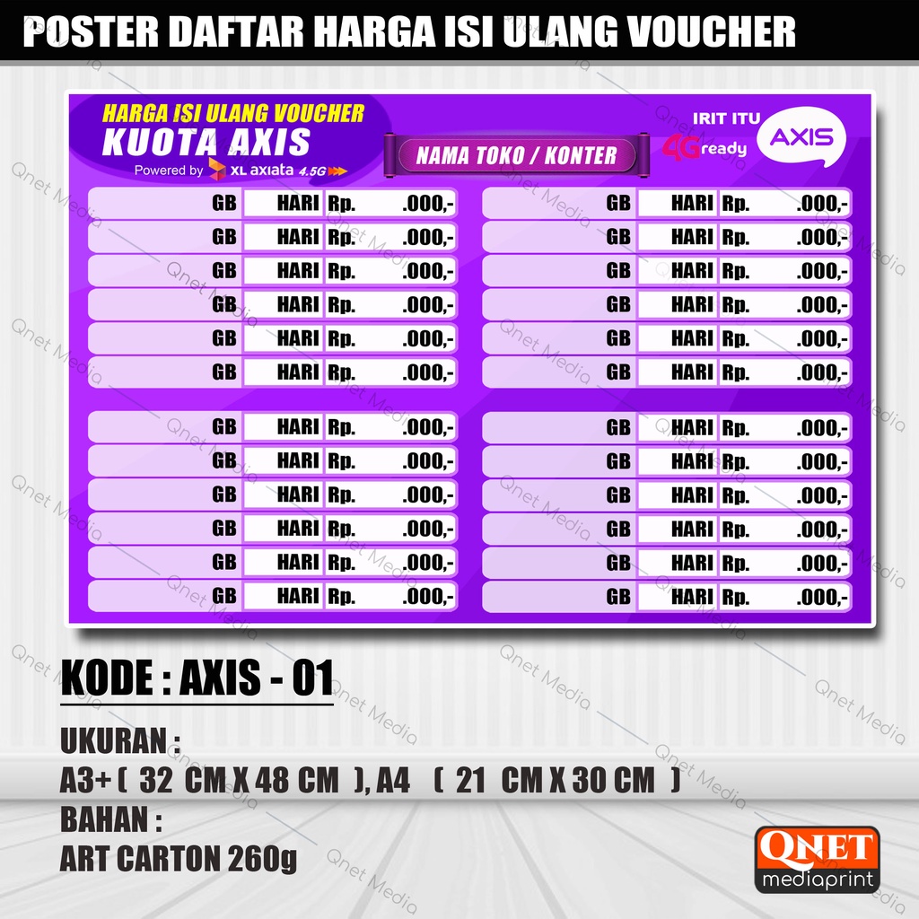 

POSTER KONTER DAFTAR HARGA ISI ULANG VOUCHER + LAMINASI GLOSSY