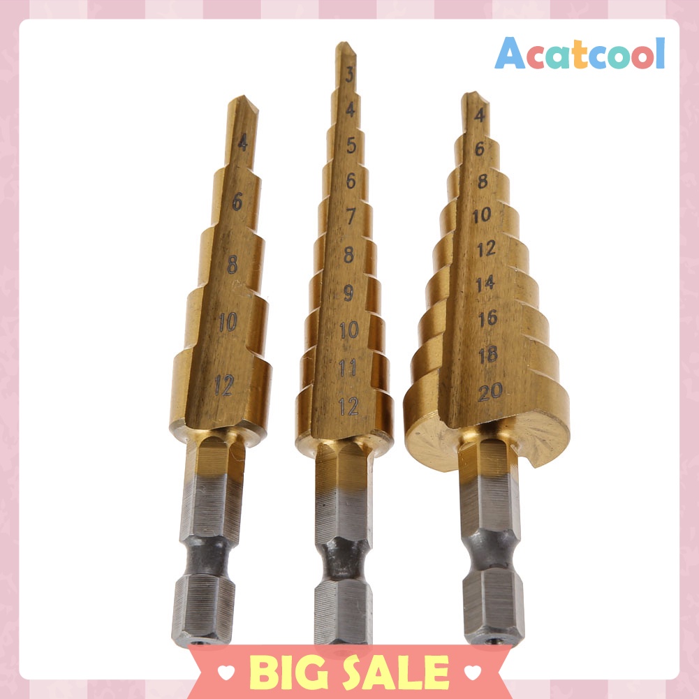 3Pcs Metric  HSS Steel 4241 Cone Titanium Coated Drill Bits Tool Set Hole