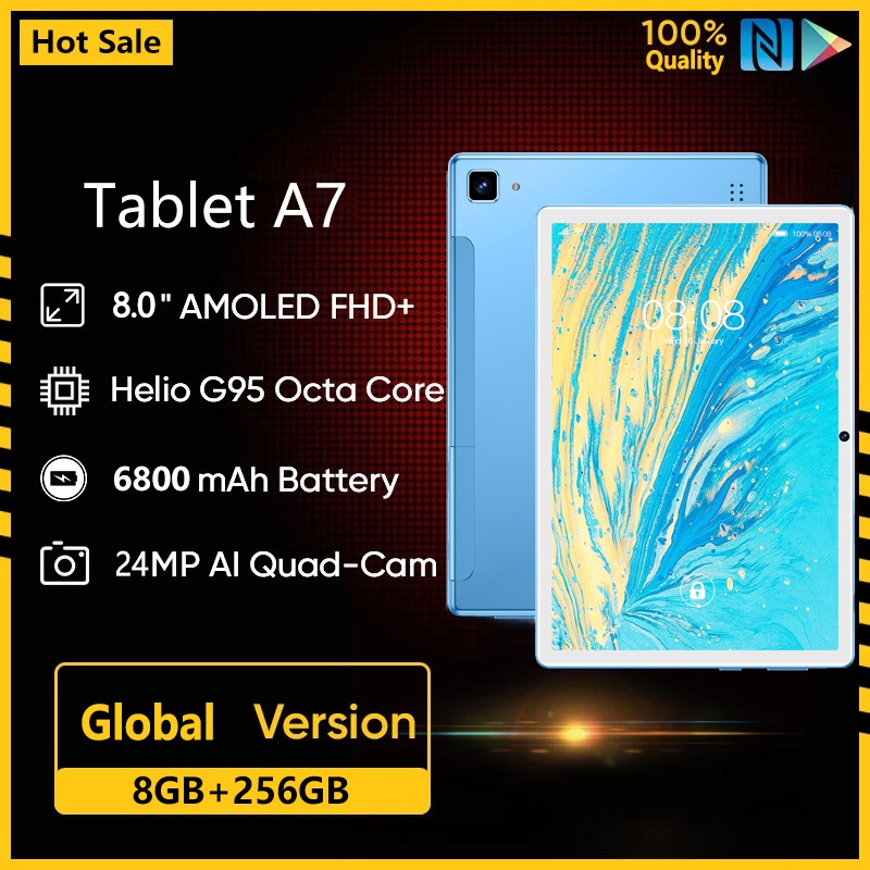 2023 Asli Terbaru A7 Tablets PC  8GB + 256GB Tablet Android 8 Inci Layar Besar Full Screen Wifi 5G Dual Sim Untuk Anak Belajar