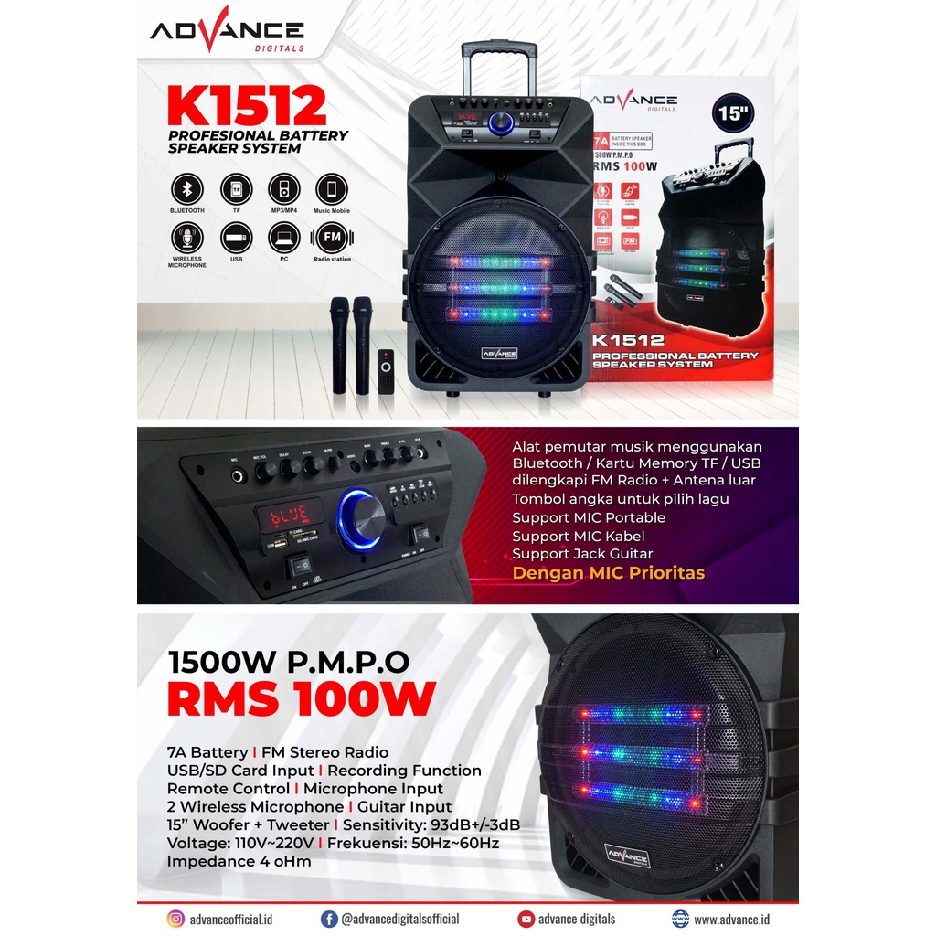 Advance Digitals K1512 Speaker Meeting Bluetooth Salon Aktif 15&quot; Gratis 2 Mic Karoke