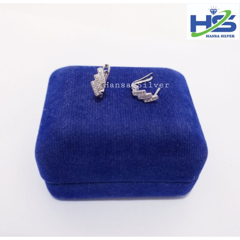 Anting Perak Silver Asli 925 Lapis Emas Putih Model Jepit Tiga Baris Permata - Anting Wanita Anti Karat