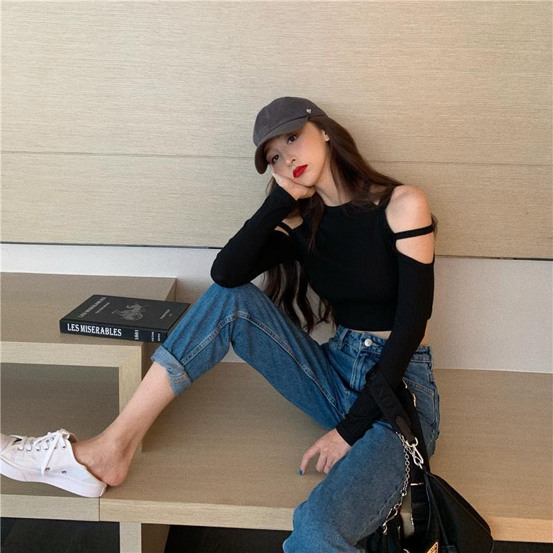 Retro desain mesin hati-hati off-the-shoulder lengan panjang T-shirt wanita musim semi all-match ram